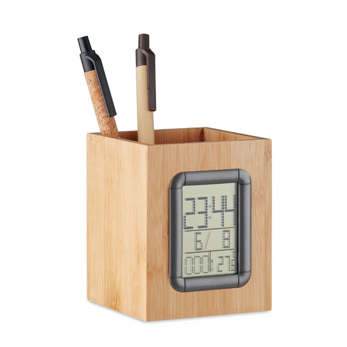 Bamboo Penholder with Digital clock