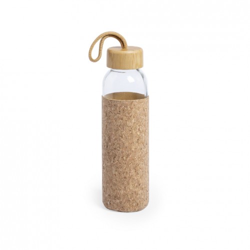 Glass water bottle with cork sleeve and bamboo lid